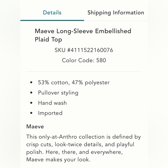 Anthropologie Maeve Long-Sleeve Embellished Plaid Top. M. - Picture 10 of 10